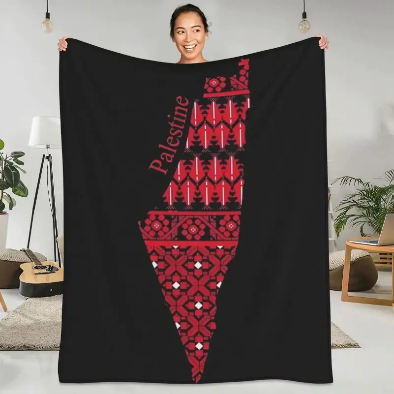 Palestinian Tatreez Print Palestine Map Cultural Motif Polyester Flannel Blanket - Warm, Soft Bedding Throw for Outdoor Travel, Sofa, Bed - Multi-Size Holiday Gift for Family (Valentine's Day, Thanksgiving)