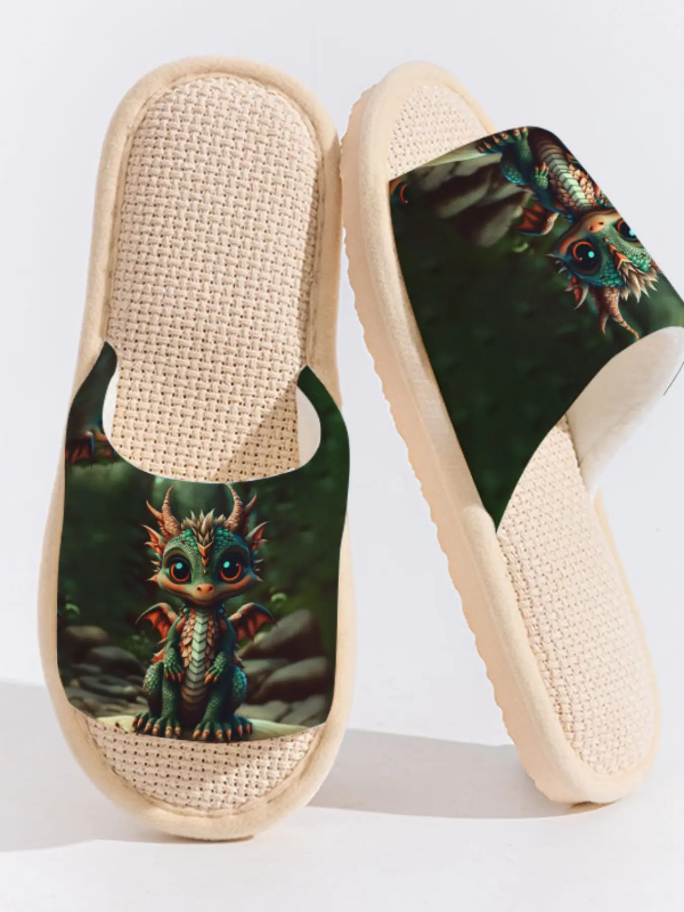 Dragon Linen Slippers, Breathable Non-Slip Sole, Casual Animal Print, All Seasons, Bedroom & Living Room Wear