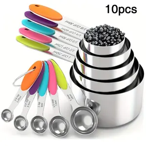 10-piece measuring spoon and cup set, stainless steel, with silicone handle, precision measuring tool for cooking, Kitchen Measuring Utensils | Essential for baking