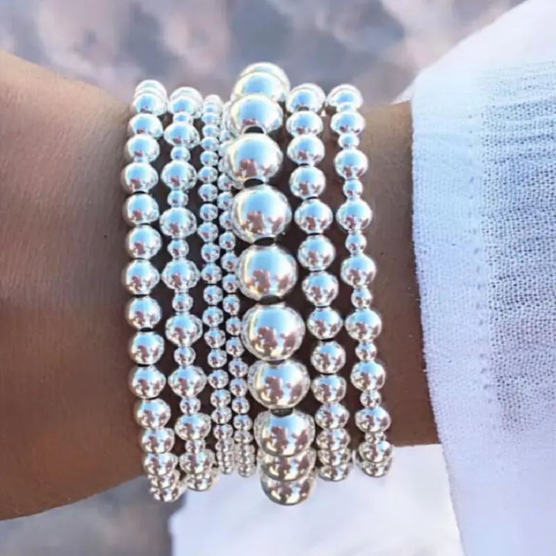 7Pcs Elegant Beaded Bracelet Set for Women Stackable CCB Silvery Beads Elastic Bangle Multi-layer Bohemian Mixed Sizes Vintage Round Bead Bracelet Set