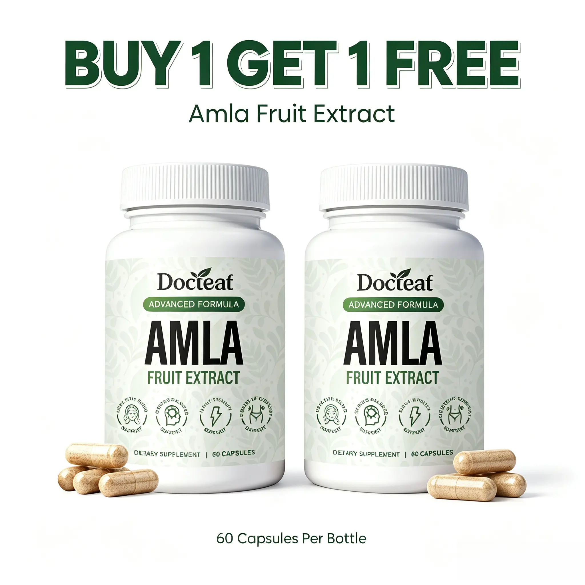Buy 1 Get 1 Free!  Amla Extract Capsules with Vitamin C & Niacinamide, Supports Energy, Skin Elasticity & Body Balance, 60 Count Each Bottle