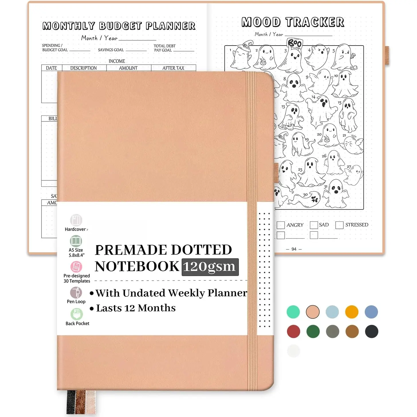 Premade  Dotted Journal Notebook, Pre-made Dot Grid Journaling with Undated Weekly & Monthly Planner, Various  - 12 Month Organization, A5 Hardcover Leather Planner Notebook with