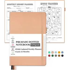 Premade  Dotted Journal Notebook, Pre-made Dot Grid Journaling with Undated Weekly & Monthly Planner, Various  - 12 Month Organization, A5 Hardcover Leather Planner Notebook with