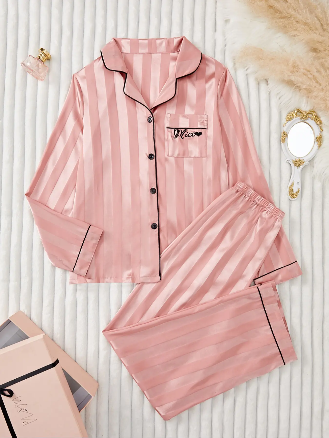 Women's Striped Soft Ice Silk Woven Sleepwear Set, Pajama Nightwear Set, Pajama, Pjs, Pyjamas, Turn-Down Collar, Embroidered Letter Heart Pocket, Embroidery, Long Sleeve Pants Two-Piece Fitted Outfit Loungewear Homeewear, Womenswear, Homewear, Lady