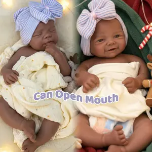 42-45CM Open Mouth Dark Skin Lifelike Silicone Reborn Girl Dolls Handmade Painted With Visible Veins Full Body Soft Solid Silicone Newborn Baby Girl Dolls Perfect Gifts For Birthday/Festival