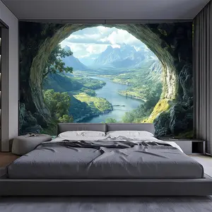 2D Flat Mountain and Cave Landscape Tapestry - Premium Polyester Fabric, Wrinkle-Resistant Hand-Stitched Hem, Suitable for Living Room, Bedroom, Office, or Inn Decor, Serene Artistic Wall Hanging, Durable Material, 2D Flat