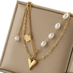 Titanium Steel 18k Gold Plated Heart Shape Necklace with Faux Pearls for Everyday Wear Simple Style Elegant Accessory