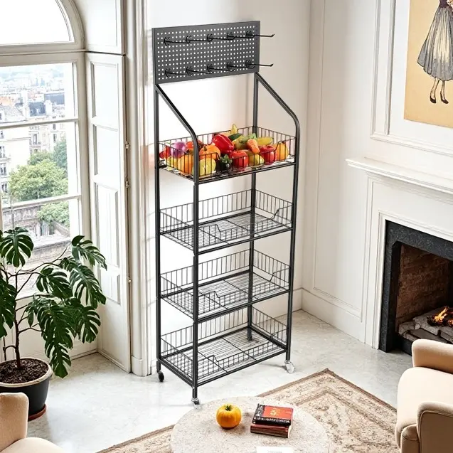 CNCEST Heavy Duty 4-Tier Adjustable Metal Storage Rack Display Stand Set - 4-Layer Rectangle Cart with 10 Hooks, Locking Wheels, 10.2" Open Shelves for Kitchen, Garage Organization & Durable Storage