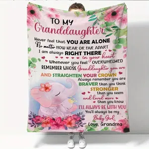 To My Granddaughter Inspirational Flannel Blanket, Ultra-Soft Plush Throw with "Straighten Your Crown" Quote & Floral Elephant Print, Cozy Warm Fleece Blanket for Couch Bed, Perfect Gift from Grandma & Emotional Support, All-Season Comfort