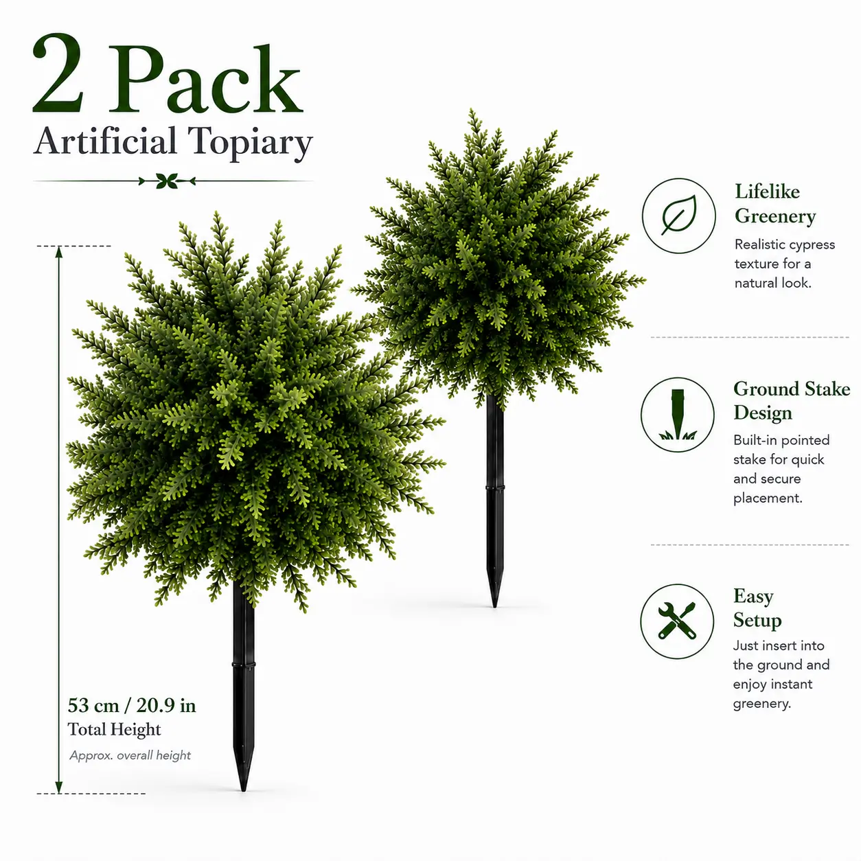 2-Pack Artificial Topiary Balls with Ground Stakes, UV-Resistant Faux Greenery Shrubs for Outdoor Patio, Front Porch, Entryway, Garden & Yard Decor