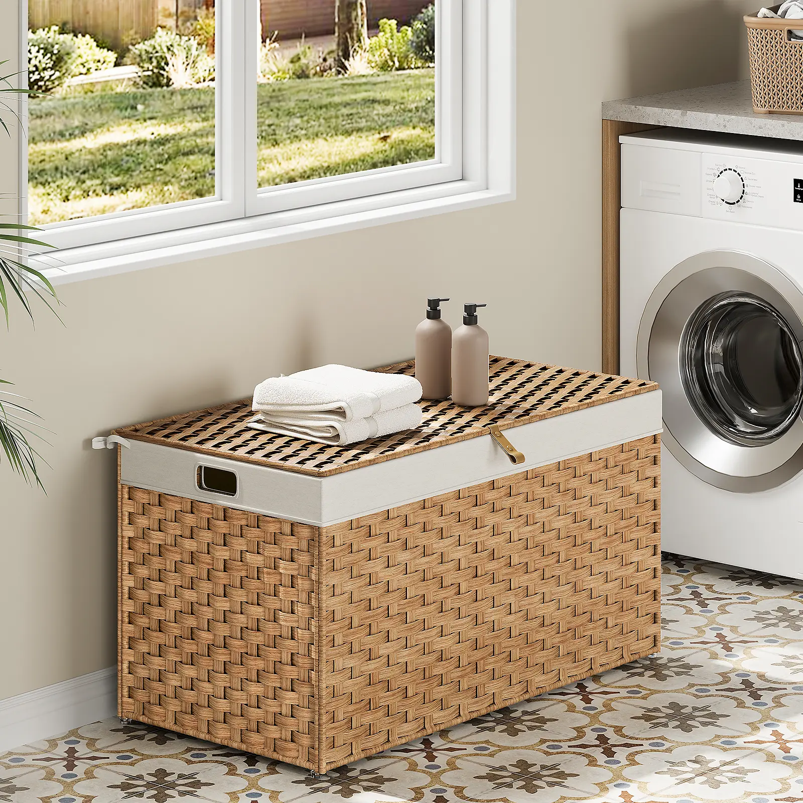 HOOBRO Rattan Laundry Hamper with Lid, Foldable Storage Basket with Lid, 42.3 Gallon (160L) Rattan Basket, Handwoven Blanket Storage Basket with Handles, Metal Frame and Soft Lining, for Bedroom, Laundry Room, Natural #SummerVibes