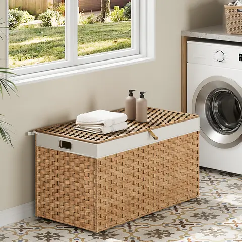 HOOBRO Handwoven Rattan Laundry Hamper with Lid - 42.3 Gal (160L) Single Compartment Bedroom Organizer, Fold-and-Go Basket, Metal Frame, Soft Lining, Handles, Breathable, Waterproof, Full-Open Access, Easy Install Eco-Friendly Home Storage Bin