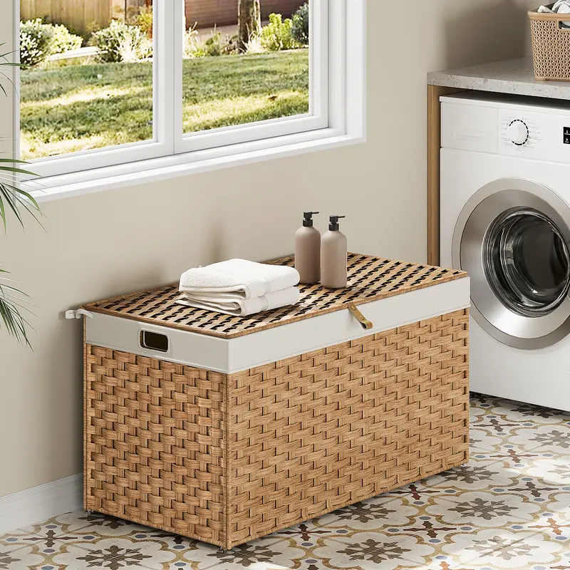 HOOBRO Handwoven Rattan Laundry Hamper with Lid - 42.3 Gal (160L) Single Compartment Bedroom Organizer, Fold-and-Go Basket, Metal Frame, Soft Lining, Handles, Breathable, Waterproof, Full-Open Access, Easy Install Eco-Friendly Home Storage Bin