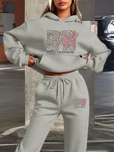 Women's Fall Winter Hooded Sweatshirt Set, Leopard Print Design, Fitted Style, Comfortable Daily Wear, Sweatpants