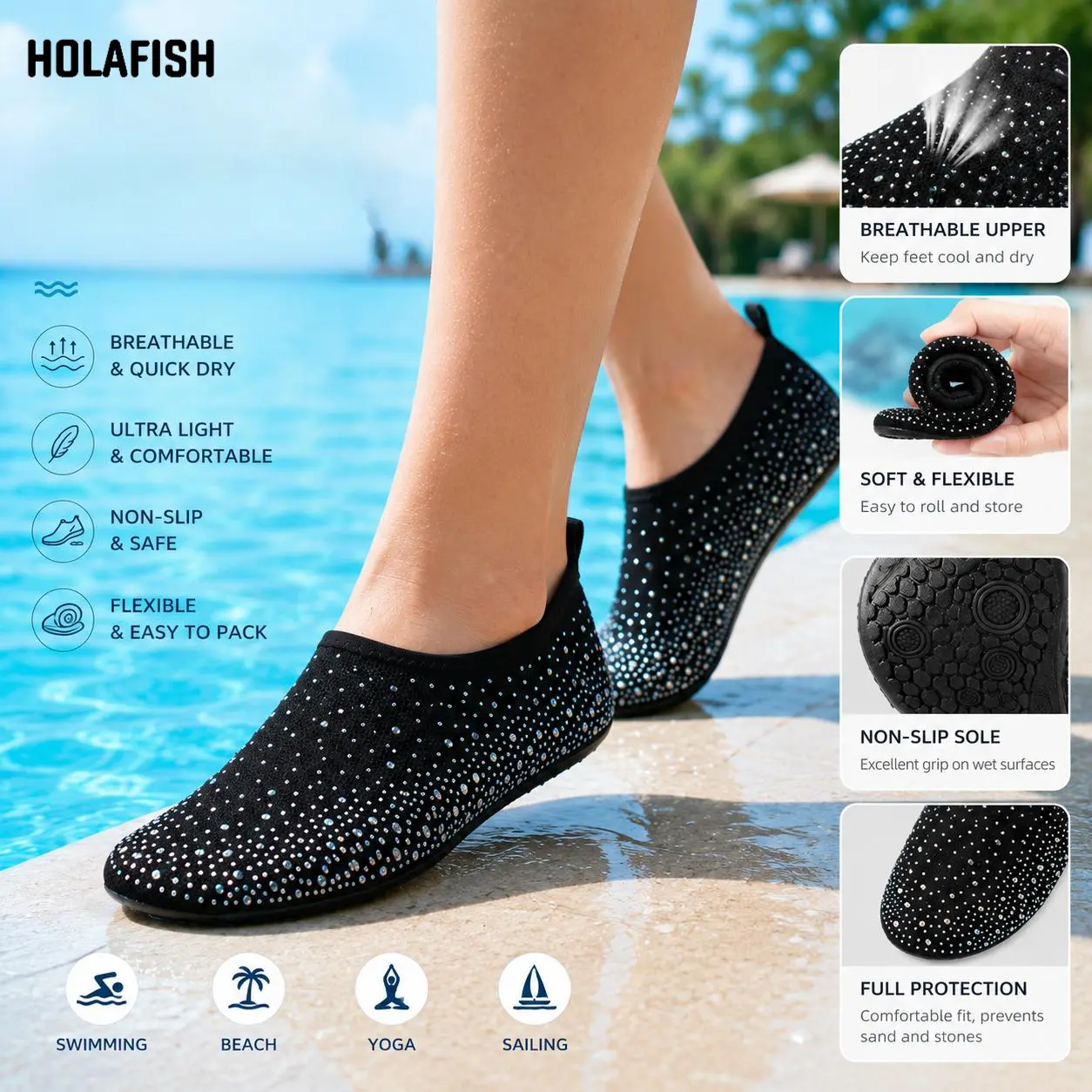 Holafish Women Bling Rhinestone Water Shoes Barefoot Style Non Slip Quick Dry Lightweight Foldable Footwear For Beach Swim Pool Yoga Boating Surfing And Water Sports