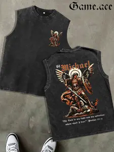 1 PCS Retro Washed Black Sleeveless Vest, Front & Back St. Michael the Archangel Graphic Print with Psalm 27:1 Quote, Religious Streetwear Style, 100% Cotton Unisex Oversized Tank, Great Gift for Faith & Streetwear Lovers, GAME.ACE