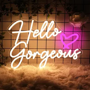 "Hello, beauty" neon sign, warm white + pink heart design, dimmable with switch, 16 inches, can be used as romantic wall decoration, suitable for weddings, family birthdays and other party background lights, Valentine's Day, Mother's Day, women's gifts