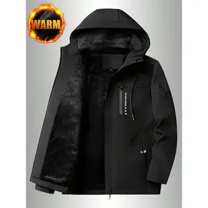Men’s thick fleece-lined hooded jacket with thermal lining, warm winter coat with letter print, fashionable outdoor windproof parka for cold weather