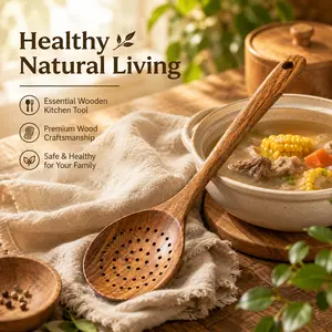 Natural Acacia Wood Slotted Spoon | Long Handle Skimmer Spoon for Soup, Dumplings & Hot Pot | Safe Wooden Cooking Utensil，Long Slotted Wooden Handle Spoon，Kitchen, Cookware, Holes, Lightweight, Nonstick surface , Sturdy， plastic free kitchen utensils Heat