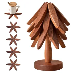 Wooden Trivets for Hot Dishes, Tree Shape Trivet Set, 4 Walnut Wood + 1 Stand stored Like a Christmas Tree,Foldable Kitchen Wooden Trivet,for Hot Dishes、Pot、Bowl、Teapot、Hot Pot Holder