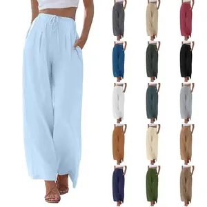 Women's pants linen loose casual pocket drawstring wide-leg pants women