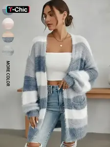 Women's Colorblock Striped Print Long Sleeve Fuzzy Cardigan Fabric, Casual Open Front Long Cardigan for Daily Wear, Ladies Clothes for All Seasons, Womenswear, Knitwear