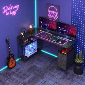 Brown L-Shaped Corner Office Desk with Adjustable Shelves, Drawers, Power Outlet, X-Bar Support, Reversible Setup - Home Study Desks for Gaming, Bedroom Workstation, Gaming Desk