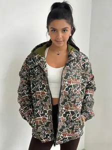 Women's New Spring Fall Trendy Military Camouflage Hooded Jacket - Lightweight Long Sleeve Spring Fall Outerwear with Zipper & Adjustable