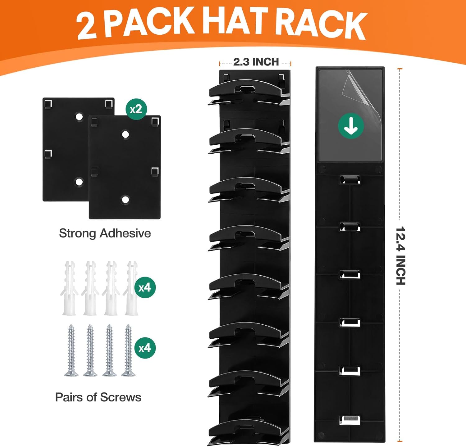 2 Pack Hat Organizer for Baseball Caps, Wall Mounted Hat Rack with Strong Adhesive, Holds Up to 16 Hats, 12.6x2.3 Inch Black Hat Hanger, Multilayer Cap Storage Organizer for Closet Door Bedroom Home Organization