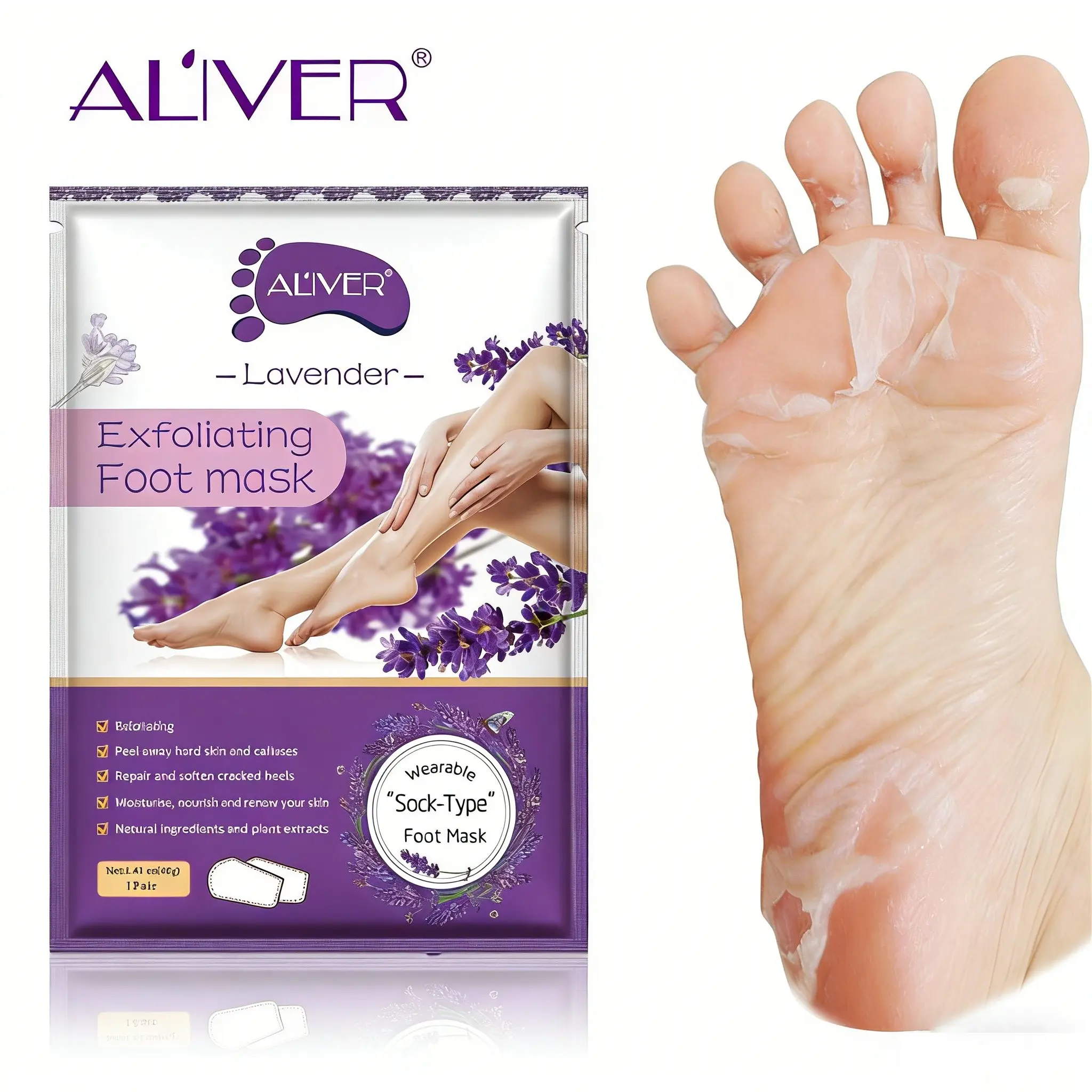 ALIVER Lavender Exfoliating Moisturizing Foot Mask: Intensive Foot Care, Dead skin removal for feet, Softens rough dead skin on the bottom of the feet, removes dead skin, helps smooth the bottom of the feet