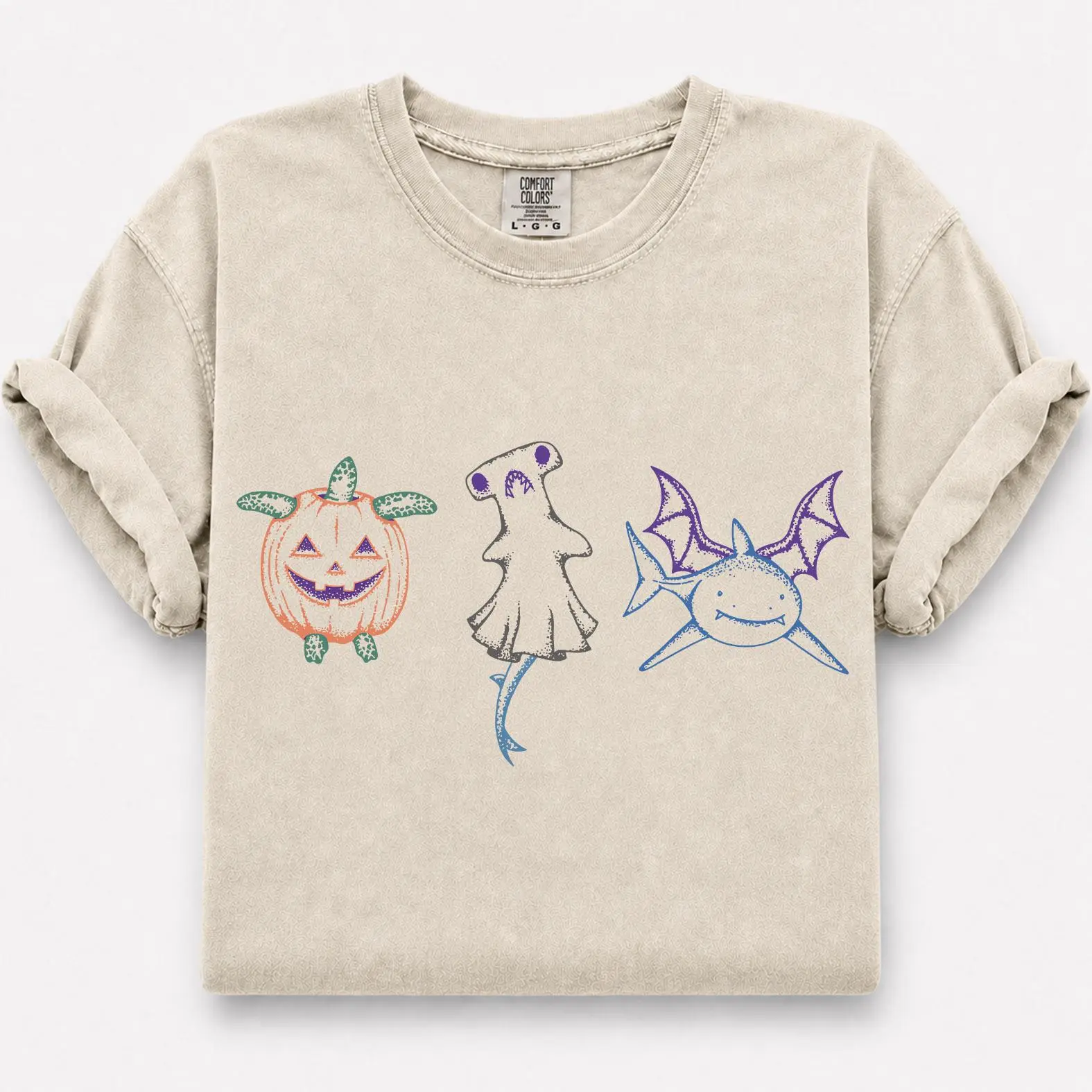 Comfort Colors Halloween Shark Shirt, Pumpkin Turtle Graphic Tee, Spooky Hammerhead Shark Ghost Shirt, Halloween Gift for Ocean Animal Lovers Cotton Top