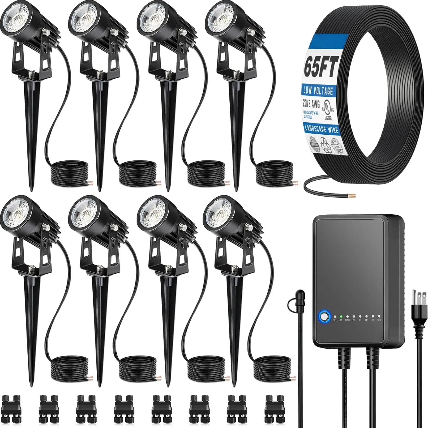 All-In-One LED Landscape Lighting Kit, 8-Pack Low  Landscape Lights with Transformer and 65FT UL-Listed Wire, 3000K  Outdoor Uplights with Connectors for Yard House Garden Tree