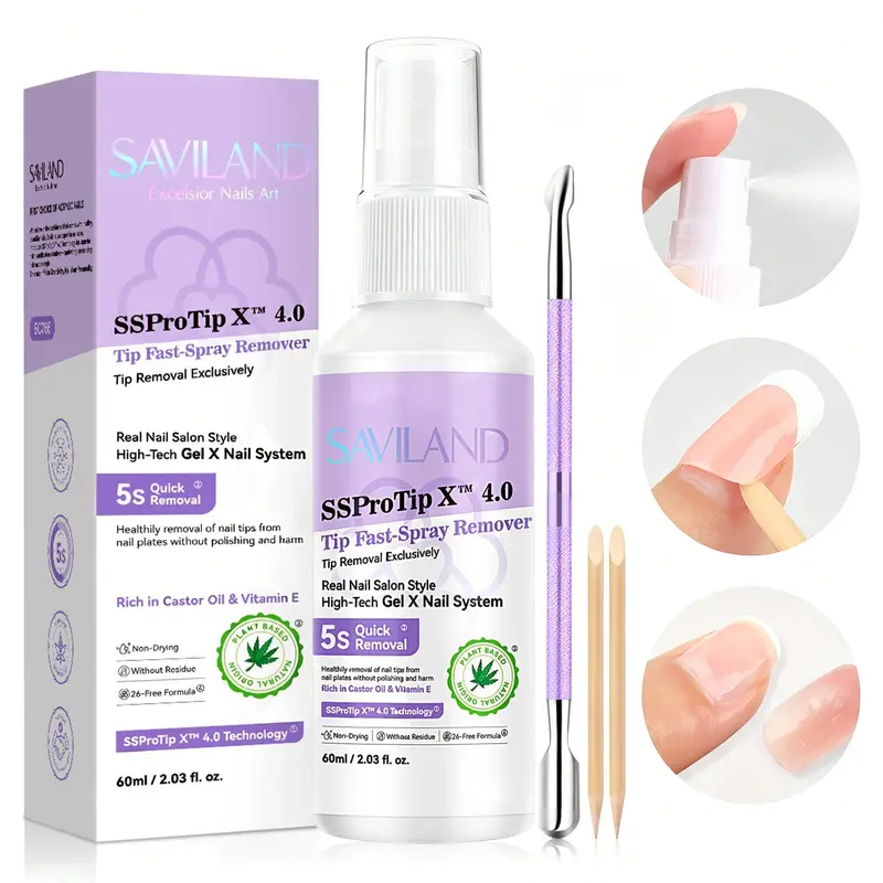 Saviland SSProTip X Press-on Nail Glue Remover Spray, 60ml Gentle Plant-Based No-Harm Formula - Acetone-Free, Enriched with Castor Oil & Vitamin E, Easy Home Use for Gel X Nails