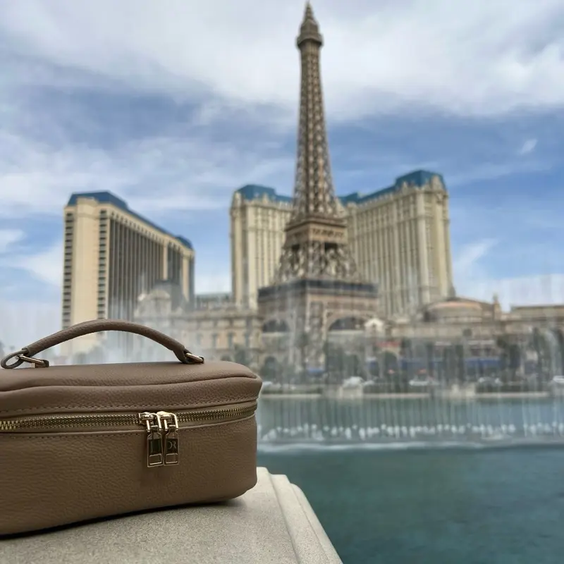 Genuine Leather Small Makeup Bag - Beige, Compact Design, Simple Handles, Ideal for Everyday Use