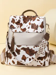 Fashionable large capacity design women's shoulder bag with tassel pendants, cowprint printed leisure anti-theft bag, Casual Daypack, suitable for ladies, working, students, suitable for going out, commuting, gift giving, starting school, traveling.