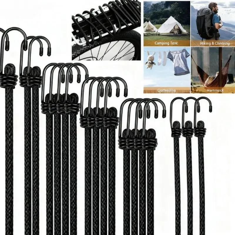 3-Pack Bungee Cords with Hooks, Heavy Duty Elastic Rope, Durable Nylon Rope, Adjustable Hanging Ropes for Camping Gear, RV Roof Rack, Luggage Straps, Outdoor Travel Essentials
