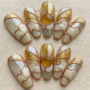 Golden Hour Stained Glass Press-On Nails | 3D Luxury Sunrise & Marbled Cloud Nail Art