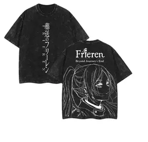 Men's Frieren: Beyond Journey's End Anime Classic Double-Printed Tshirt - Vintage Washed, Oversized, Heavyweight, Soft, Ribbed Round Neck, Seamless Cotton Short-Sleeve Top - Affordable Fashion, Casual, Chic, 3XL Menswear for Anime Fans