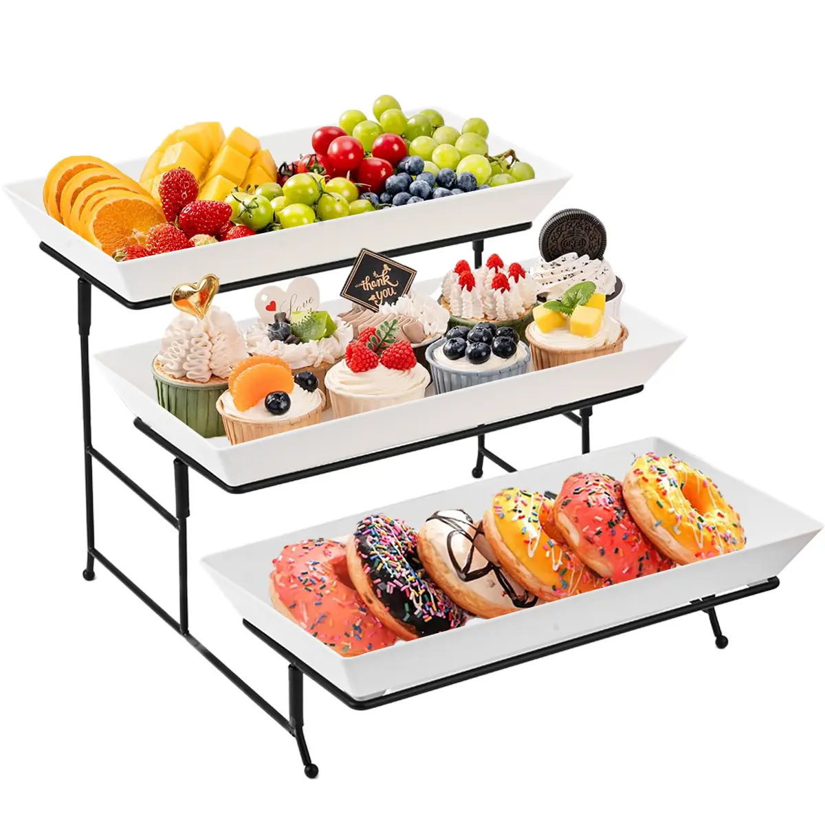 1 piece three-tier dessert stand with foldable metal stand and 3-tier smooth plastic tray, can be used as party favor display stand decoration Decorative Organizer Adjustable Rack
