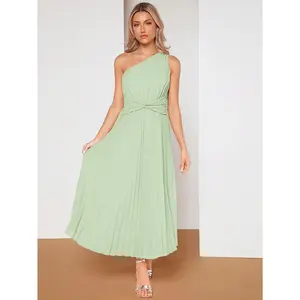 One Shoulder Twist Front Pleated Hem Bridesmaid Dress