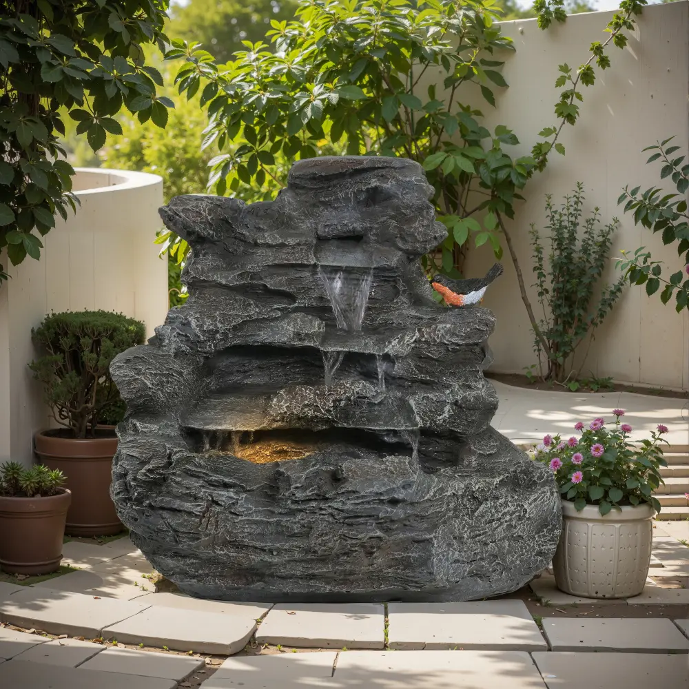 4-Tiered Concrete Rock Waterfall Fountain, 20.8"H Outdoor Garden Decor, Weather-Resistant, LED Lights, 1.32 Gal Water Capacity, 120V, 7.68-In Bowl Depth, Stargazing Soothing Water Sound Ambiance