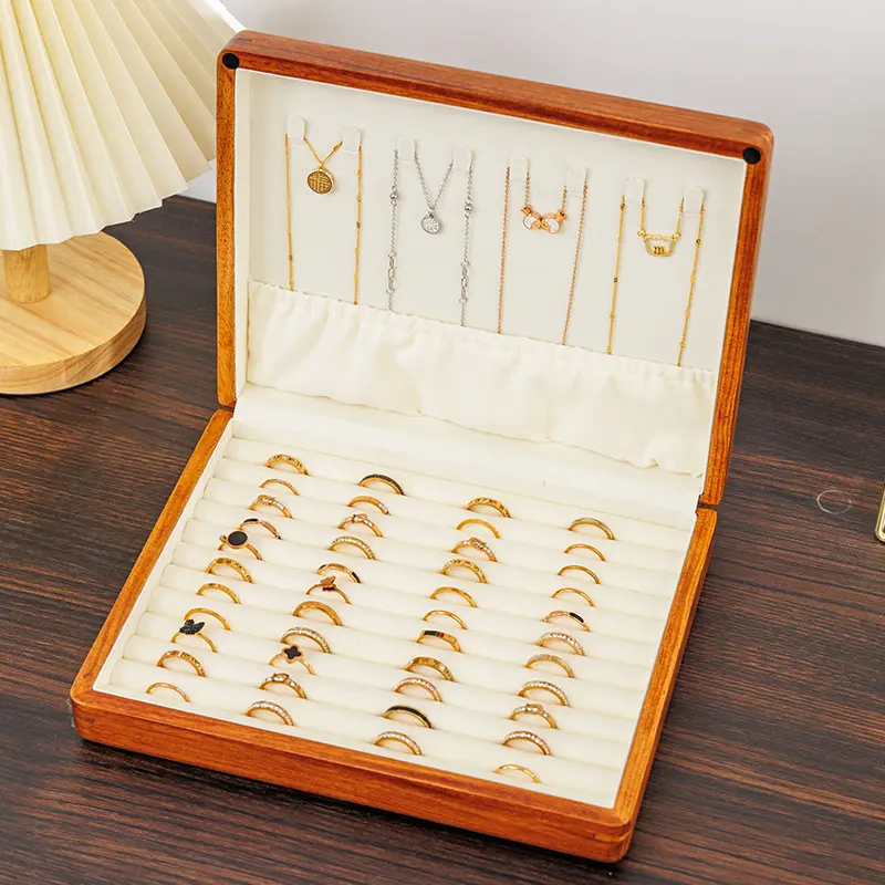 Ring Organizer Display Case, Soild Wood Cufflink Box with Velvet Lining, Wooden Jewelry Case for Rings Earrings Cuff link Stackable Vintage Gift for Men Women - Beige