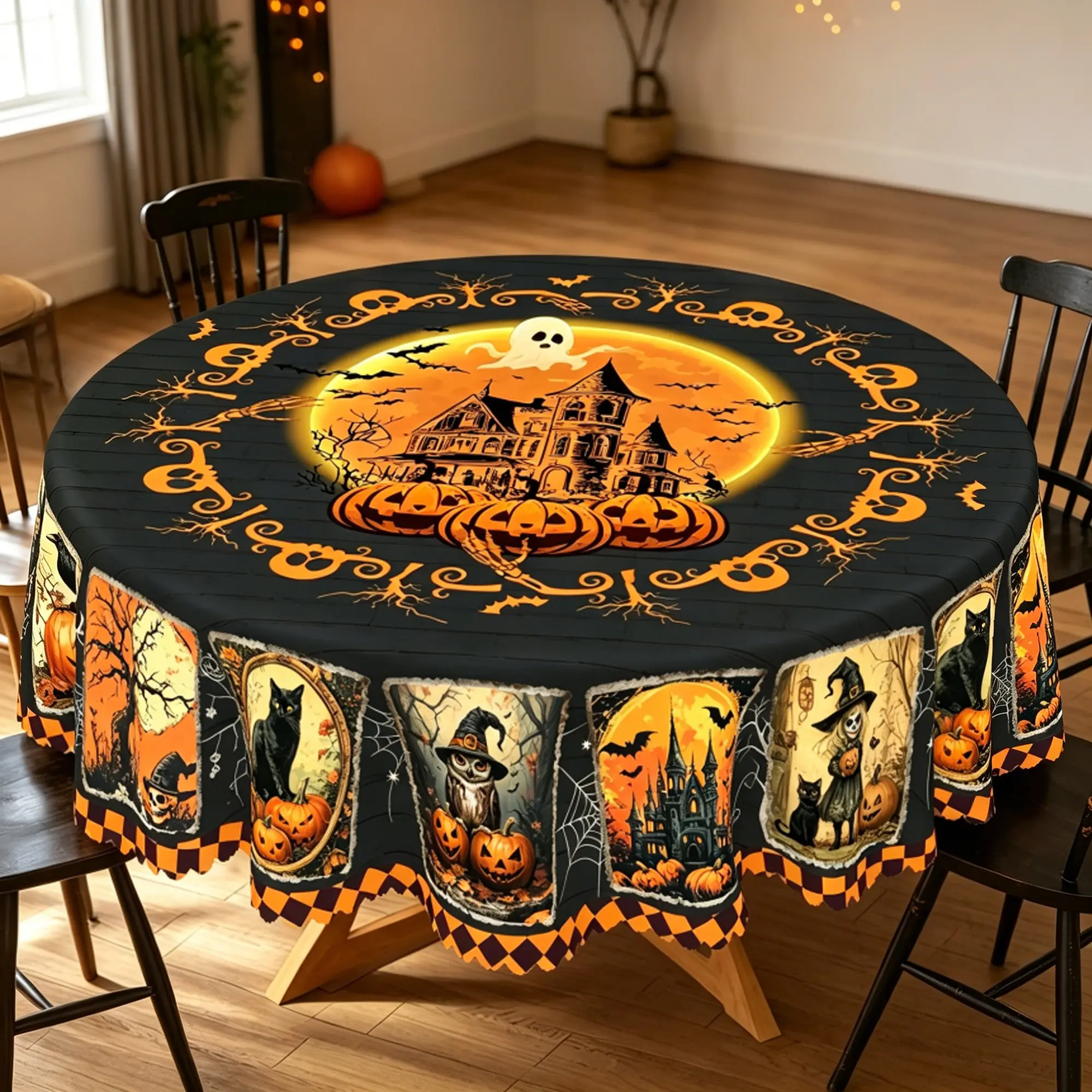 BLIOWL Vintage Halloween Round-Rectangle Polyester Tablecloth, Haunted House Ghost Pumpkin Black Cat Owl Witch Print, Waterproof Wrinkle-Resistant Table Cover, Spooky Holiday Decoration for Halloween Dinner Party Home Kitchen