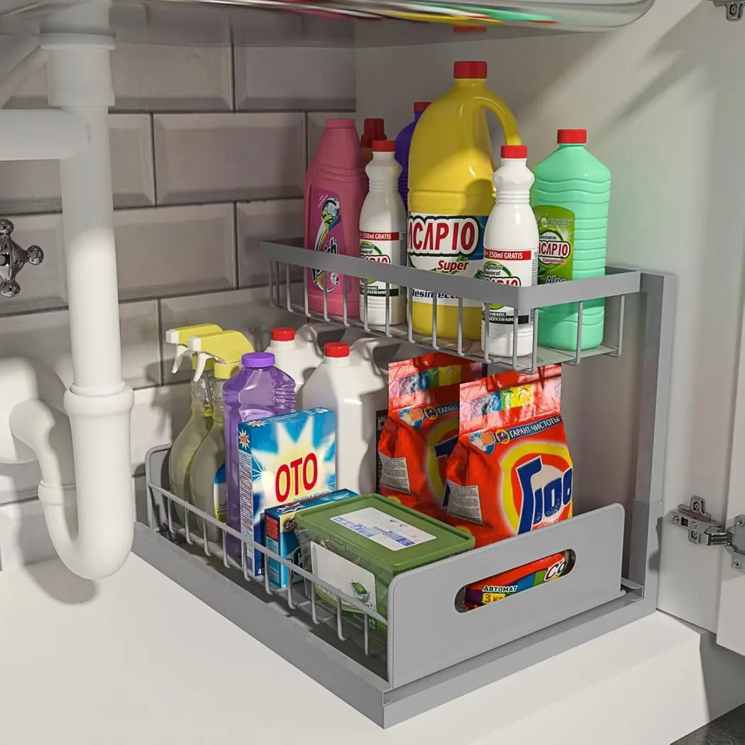 2026 New Under-Sink Storage Rack, Pull-Out Cabinet Storage Rack, Bottom-Mounted Sliding Under-Sink Shelf, Ideal for under-sink storage in kitchen and bathroom cabinets, Kitchen and Bathroom Fixture Sets