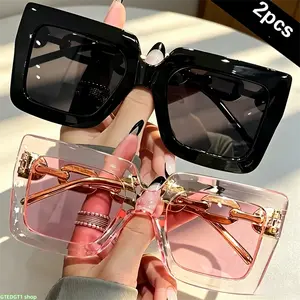 2 Pack Large Square Sunglasses With Metal Chain Arms, Thick Glossy Frame Gradient Tinted Lens Fashion Eyewear, Stylish Shades For Women Beach Trip Street Style Daily Wear And Outdoor UV Protection