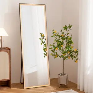 TETOTE Rectangular Full-Length Mirror with Stand, Floor Mirror, Beveled Frame in Metal and Wood, Sturdy and Retractable Stand, Freestanding/Wall Mount