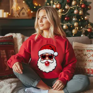 Faux Crochet Bubble Gum Santa With Heart Shades On Sweatshirt