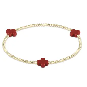 E Newton Signature Cross Gold Pattern 2mm Bead Bracelet Red
