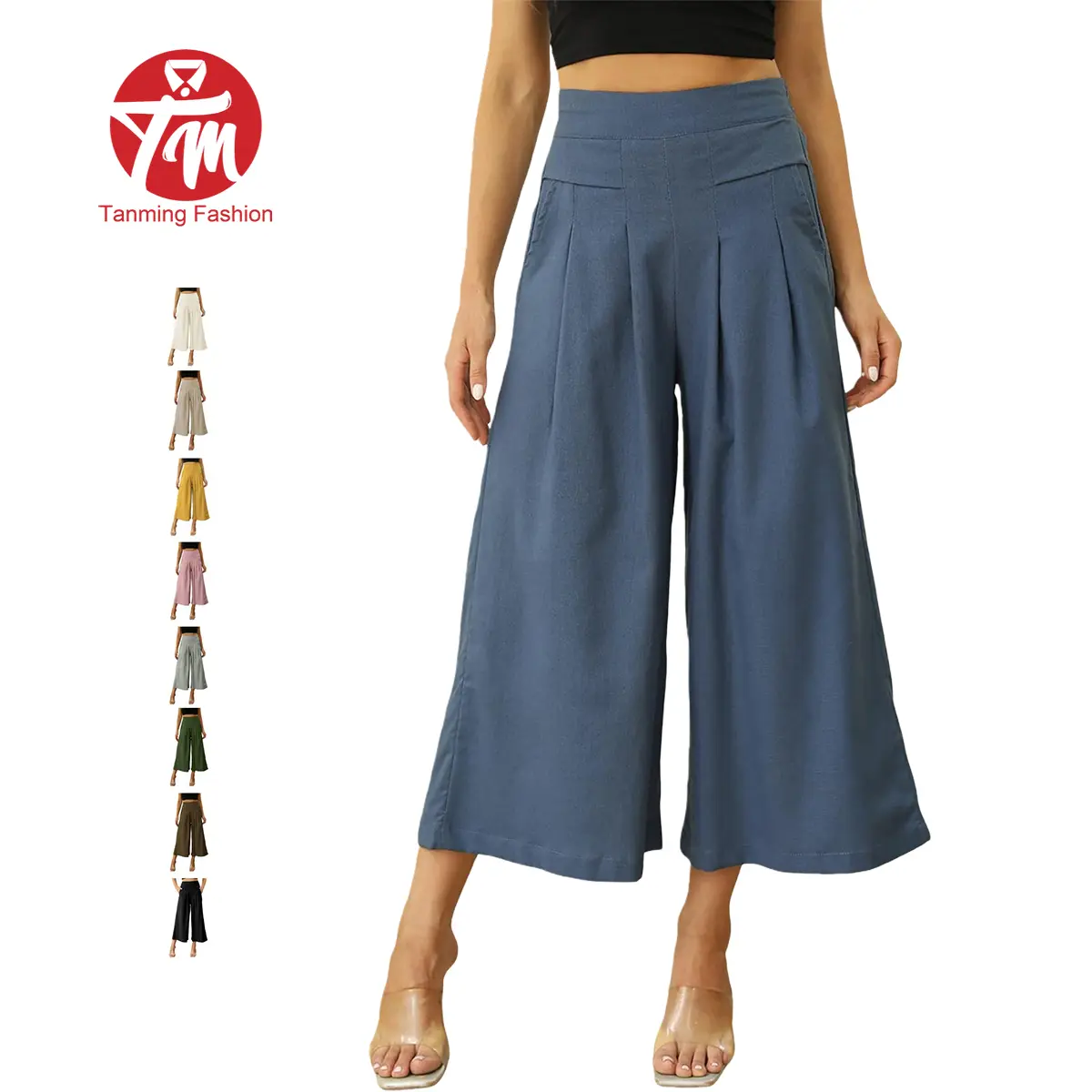 Tanming Women's Cotton Linen Wide Leg Culottes Bottoms - Elastic Waist, Pockets, Minimalist Basic Casual Women's Clothes Capri Pants,summerwins