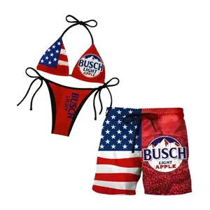Matching Couple Swimwear Set, Buschh Light Apple American Flag Bikini & Board Shorts, Perfect Gift for